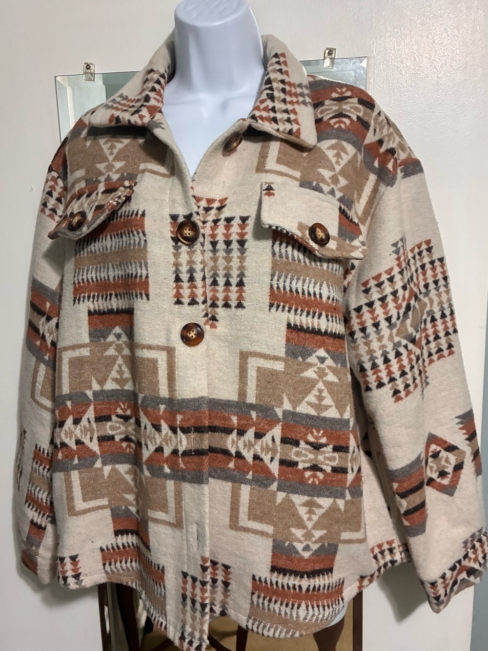 Vervet  Cream Tribal Pattern Teddy Jacket with Tan Accents